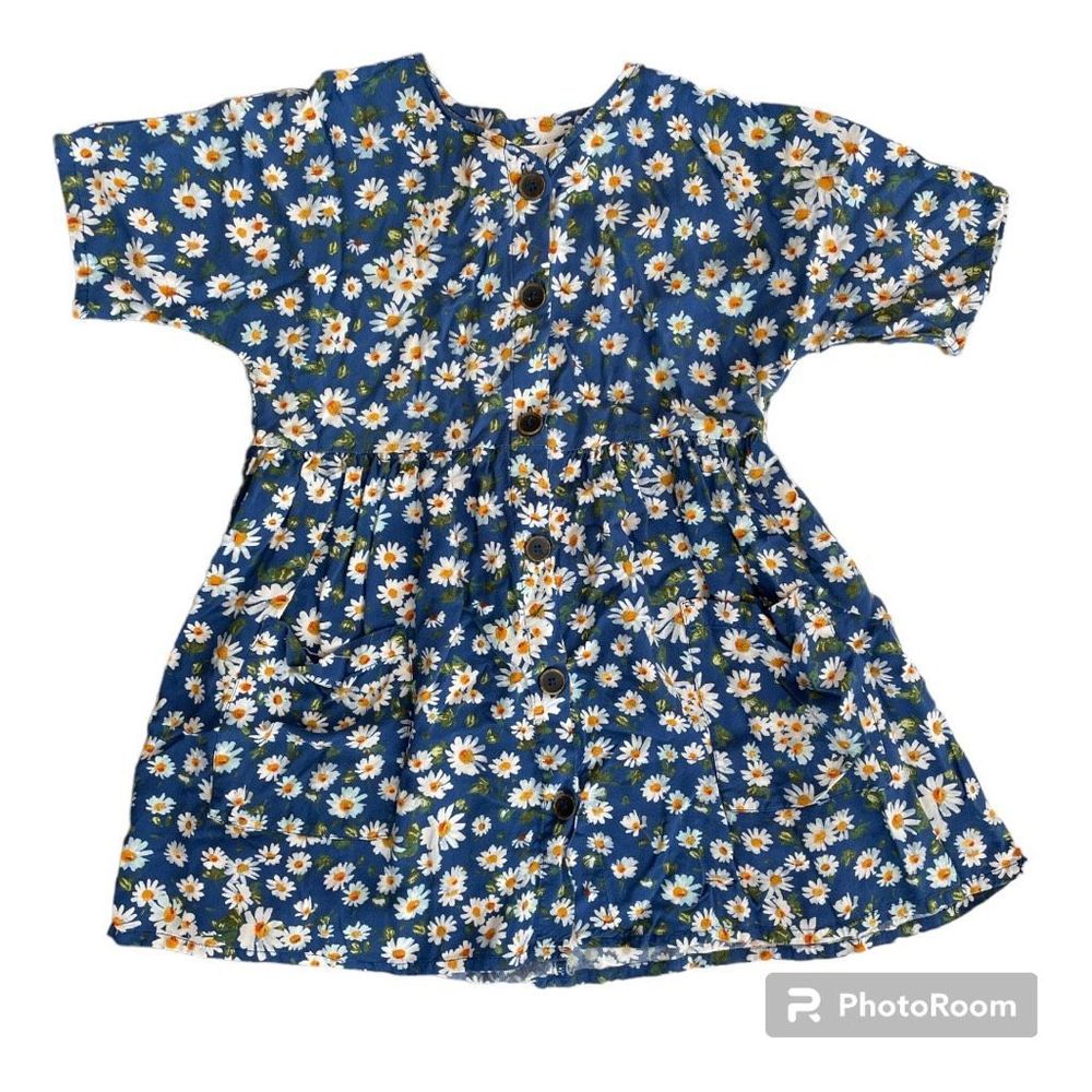 Zara Kids Short Sleeve Button Down Floral Daisy Blue Dress 7 / 122 *